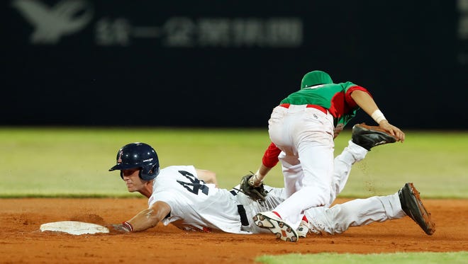 Robert Neustrom slides into second safely during Team USA's 3-2 win over Mexico Sunday at the World University Games in Taipei, Taiwan.