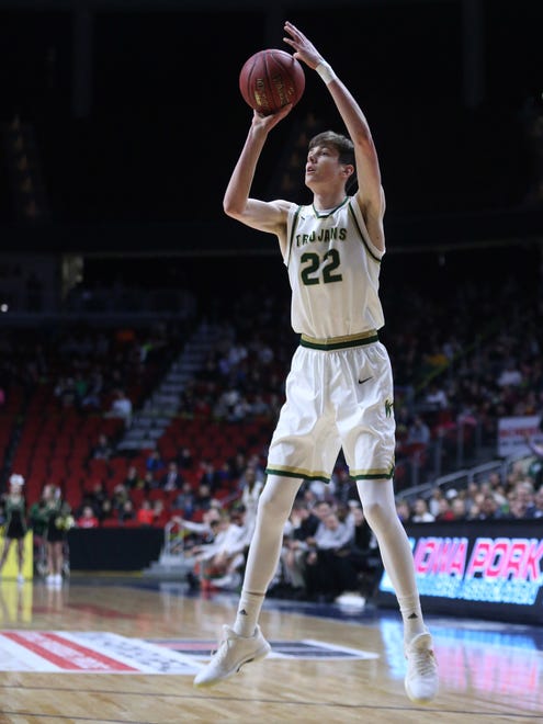 Iowa City West's Patrick McCaffery shoots a three-pointer during the IHSAA state basketball Class 4A quarterfinal game between Muscatine and Iowa City West on Tuesday, March 6, 2018, in Wells Fargo Arena.