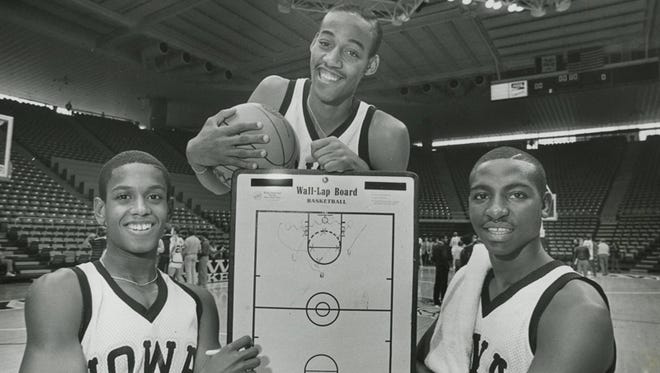 Point guard prospects, from left, B.J. Armstrong, Bill Jones and Michael Reaves are pictured during the team's media day on Oct. 14, 1986.