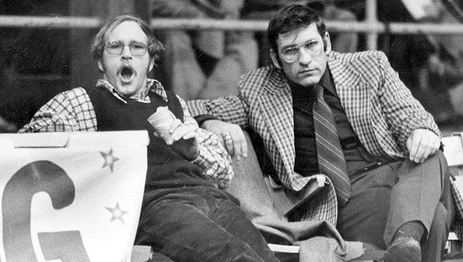 Gary Kurdelmeier, right, and Dan Gable in their early years at Iowa. Kurdelmeier hired Gable as an assistant coach in 1973.