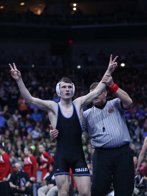 South Tama's Isaac Judge wins his match against Spirit Lake's Kyler Rieck during the championship round of the class 2A Iowa high school state wrestling tournament on Saturday, Feb. 17, 2018, in Wells Fargo Arena.