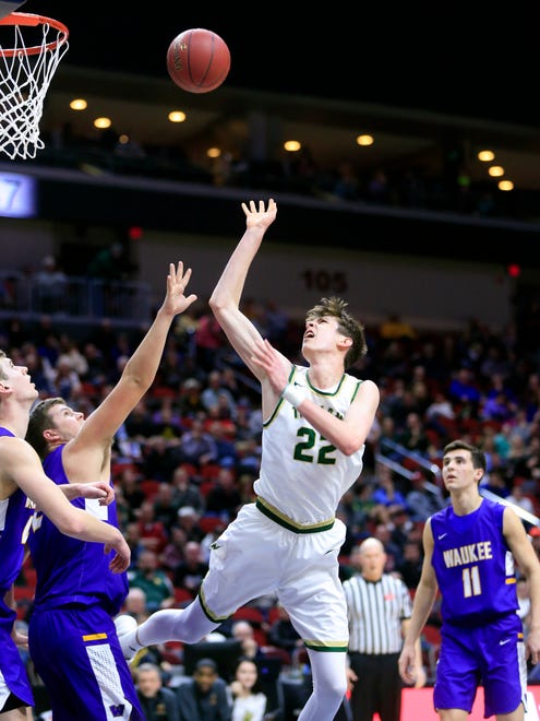 Patrick McCaffery of Iowa City West drives to the basket during the 4A semifinal game against Waukee Thursday, March 8, 2018.