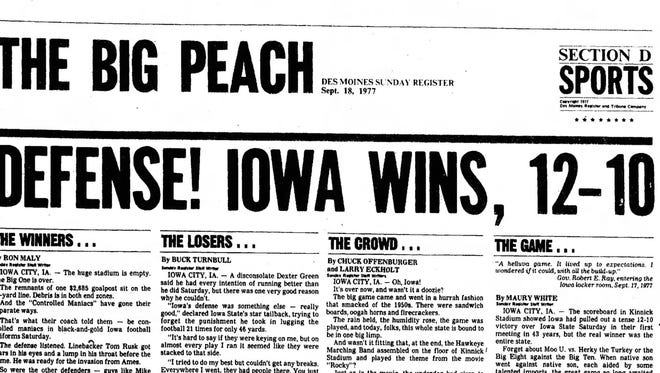 A black and white photo of Big Peach affter the CyHawk football rivalry was renewed in 1977.