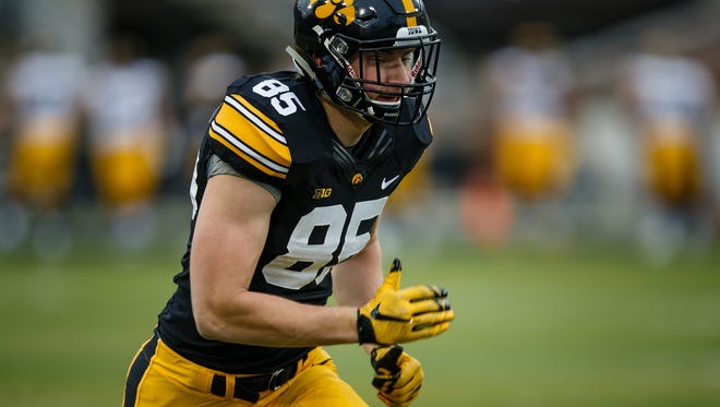 Iowa sophomore tight end Nate Vejvoda (85) during their Spring Game on Friday, April 21, 2017, in Iowa City.