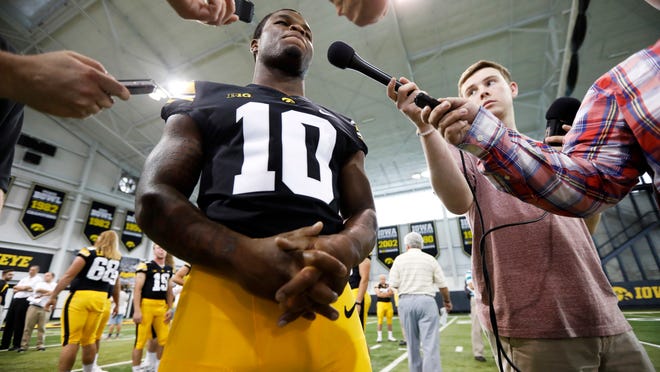 Iowa running back Mekhi Sargent speaks to reporters during an NCAA college football media day, Friday, Aug. 10, 2018, in Iowa City, Iowa. (AP Photo/Charlie Neibergall)