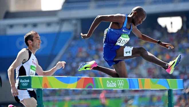Hillary Bor (USA) competes in a men's 3000-meter steeplechase heat during the athletics competitions of the 2016 Summer Olympics at the Olympic stadium in Rio de Janeiro, Brazil, Monday, Aug. 15, 2016.