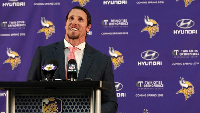 Chad Greenway speaks at a news conference in Eden Prarie, Minn., Tuesday, March 7, 2017. After 11 seasons, 1,334 tackles, two Pro Bowls and an incalculable amount of work in the community, longtime Minnesota Vikings linebacker Chad Greenway has decided to retire.  (Anthony Souffle/Star Tribune via AP)