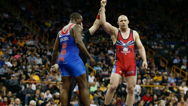 Jake Varner beat Kyven Gadson in their match on Sunday, April 10, 2016, during the wrestling Olympic Trials at Carver-Hawkeye Arena in Iowa City, Iowa. Both Varner and Gadson are both former Iowa State wrestlers.