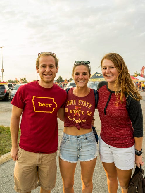 Grant Kamin, 22, of Kansas City, Sarah Chicchelly, 22, of Iowa City, and MJ Kamin, 21, of Ames, having a great time at the 2017 Iowa Vs. Iowa State Game.