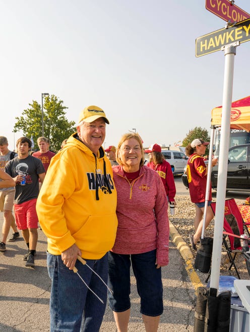 Rich Colgan, 70, and Diana Colgan, 61, both of Iowa City, having a great time tailgating at the 2017 Iowa Vs. Iowa State Game.