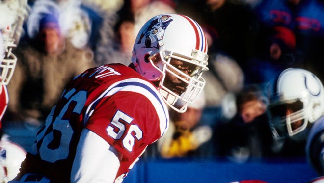 From 1987: New England Patriots linebacker Andre Tippett (56) in action against the Indianapolis Colts at Foxboro Stadium.