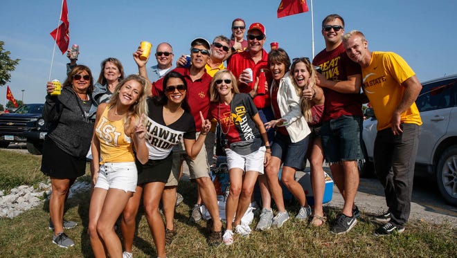 Members of the Probst family of the Des Moines metro area gather for a group photo while tailgating prior to the CyHawk Series game between Iowa and Iowa State on Saturday, Sept. 9, 2017, at Jack Trice Stadium in Ames, Iowa.