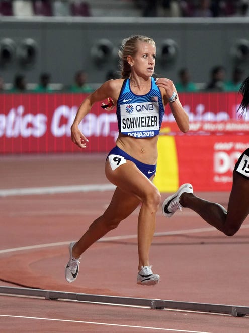 United States' Karissa Schweizer runs during the IAAF World Athletics Championships on Oct. 2 at Khalifa International Stadium in Doha, Qatar.