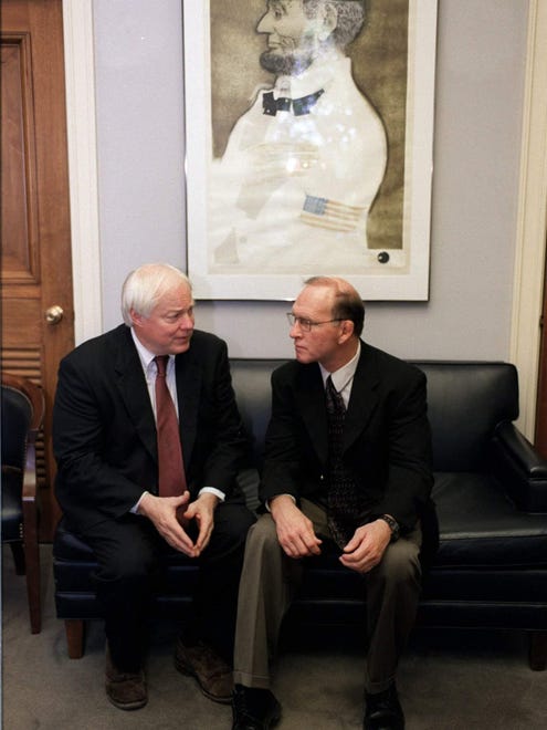 Rep. Jim Leach, R-Iowa, left, meets with Dan Gable in Leach's Capitol Hill office Wednesday, July 11, 2001.