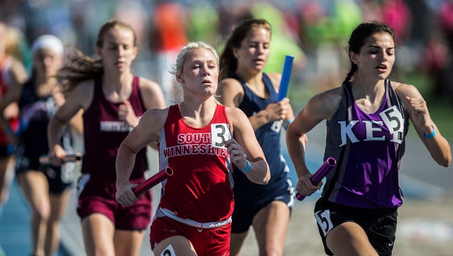 Felicity Taylor, of South Winneshiek, anchors the Class 1A distance medley relay during the 2018 Iowa High School Track and Field Championships on Friday, May 18, 2018, in Des Moines.