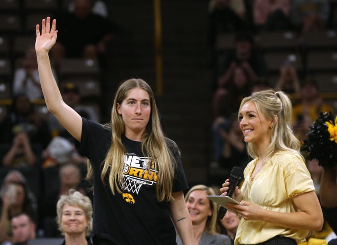 Iowa’s Kate Martin waves to the crowd during a celebration of the Iowa women’s basketball team Wednesday, April 10, 2024 at Carver-Hawkeye Arena in Iowa City, Iowa.