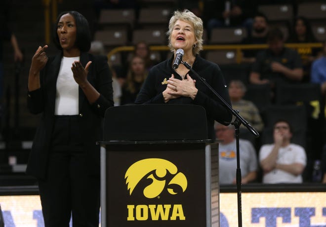 Iowa head coach Lisa Bluder speaks during a celebration of the Iowa women’s basketball team Wednesday, April 10, 2024 at Carver-Hawkeye Arena in Iowa City, Iowa.