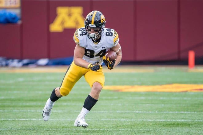 Oct 6, 2018; Minneapolis, MN, USA; Iowa Hawkeyes wide receiver Nick Easley (84) runs the ball after making a catch against the Minnesota Golden Gophers in the first quarter at TCF Bank Stadium. Mandatory Credit: Jesse Johnson-USA TODAY Sports