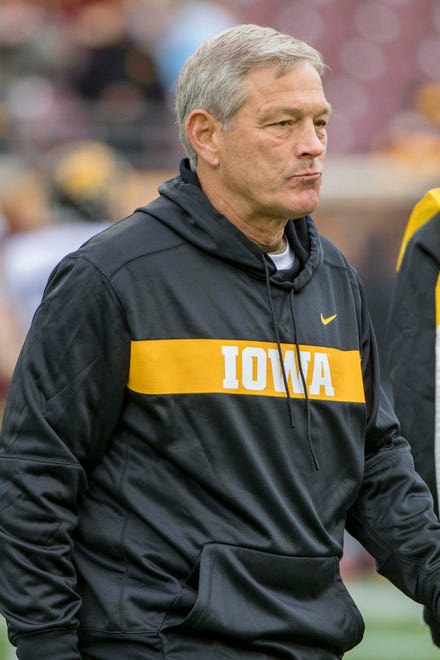 Oct 6, 2018; Minneapolis, MN, USA; Iowa Hawkeyes head coach Kirk Ferentz looks on during pre game before a game against the Minnesota Golden Gophers at TCF Bank Stadium. Mandatory Credit: Jesse Johnson-USA TODAY Sports