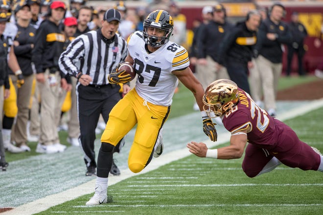 Oct 6, 2018; Minneapolis, MN, USA; Iowa Hawkeyes tight end Noah Fant (87) rushes for a first down after making a catch as Minnesota Golden Gophers linebacker Julian Huff (20) attempts to make a tackle in the first half at TCF Bank Stadium. Mandatory Credit: Jesse Johnson-USA TODAY Sports