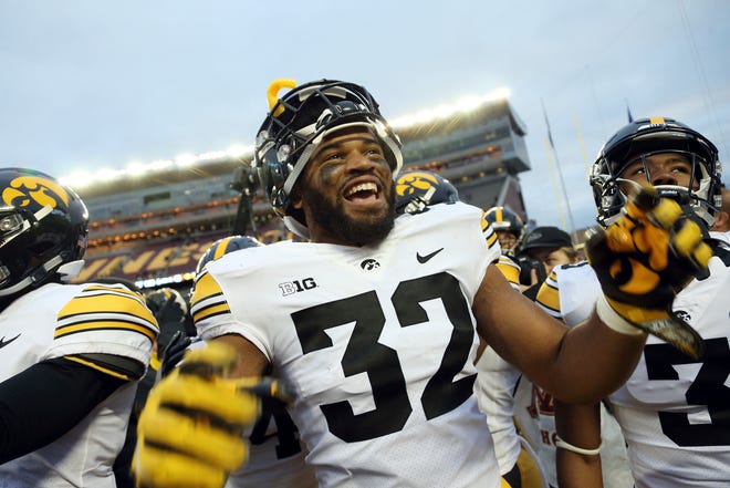 Iowa's Djimon Colbert celebrates after his team's 48-31 win against Minnesota after an NCAA college football game Saturday, Oct. 6, 2018, in Minneapolis. (AP Photo/Stacy Bengs)