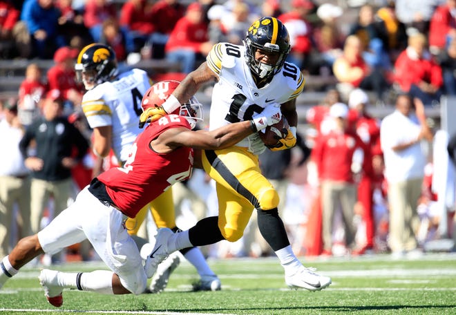 Running back Mekhi Sargent (10) has not fumbled as a Hawkeye, which spans 63 carries and four receptions. He did not lose a fumble in his 205 carries for Iowa Western Community College last season, either.