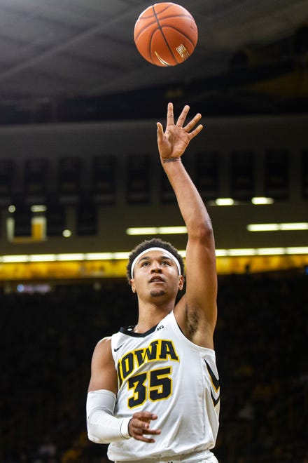 Iowa forward Cordell Pemsl (35) shoots during a men's basketball exhibition game on Sunday, Nov. 4, 2018, at Carver-Hawkeye Arena in Iowa City.
