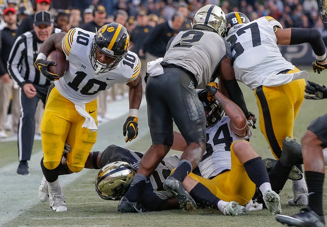 Since the opener, Mekhi Sargent (10) has enjoyed Iowa's longest run of the season: 23 yards at Penn State. The Hawkeyes need more explosive plays from their running game.