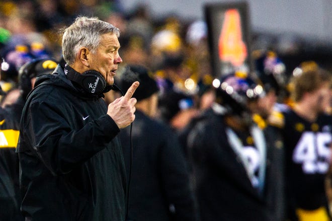 Iowa head coach Kirk Ferentz calls to an official during a Big Ten Conference football game on Saturday, Nov. 10, 2018, at Kinnick Stadium in Iowa City.