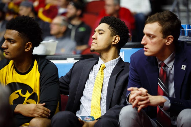 Iowa's Cordell Pemsl (35) sits on the bench during their basketball game at the Hy-Vee Classic on Saturday, Dec. 15, 2018, in Des Moines. Iowa would go on to defeat UNI 77-54.