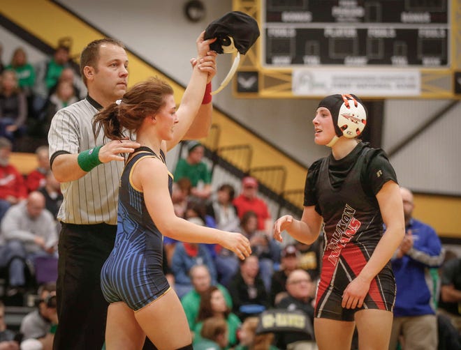 Davenport North junior Tateum Park beat Waukon's Meridian Snitker for a 113-pound state championship win on Saturday, Jan. 19, 2019, during the first Iowa girls state wrestling tournament at Waverly-Shell Rock High School in Waverly.