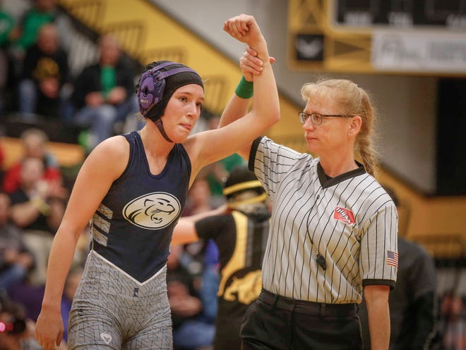 AGWSR junior Ali Gerbracht made history on Saturday, Jan. 19, 2019, during the first Iowa girls state wrestling tournament at Waverly-Shell Rock High School in Waverly. After a win at 106-pounds, Gerbracht was the first Iowa high school girl to win on state title on Saturday.