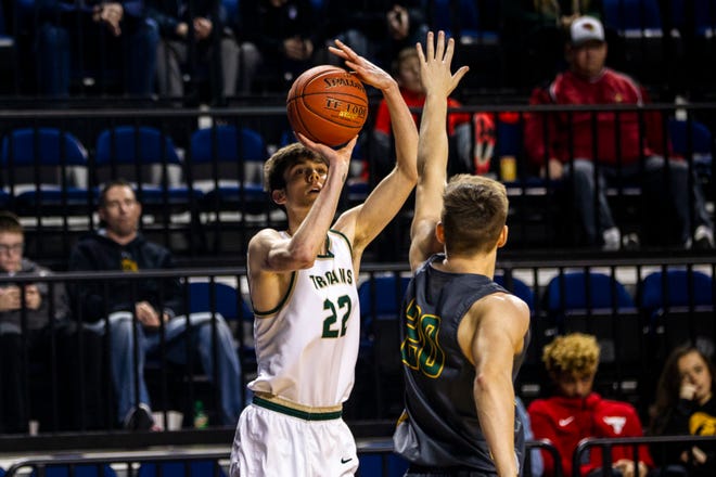 Iowa City West's Patrick McCaffery (22) shoots a 3-point basket during a boys' basketball game in the Wells Fargo Advisors Shootout on Saturday, Jan. 19, 2019, at the U.S. Cellular Center in Cedar Rapids, Iowa.