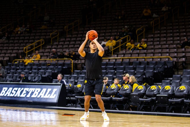 Iowa forward Cordell Pemsl warms up before a NCAA Big Ten Conference men's basketball game on Thursday, Jan. 24, 2019, at Carver-Hawkeye Arena in Iowa City, Iowa.