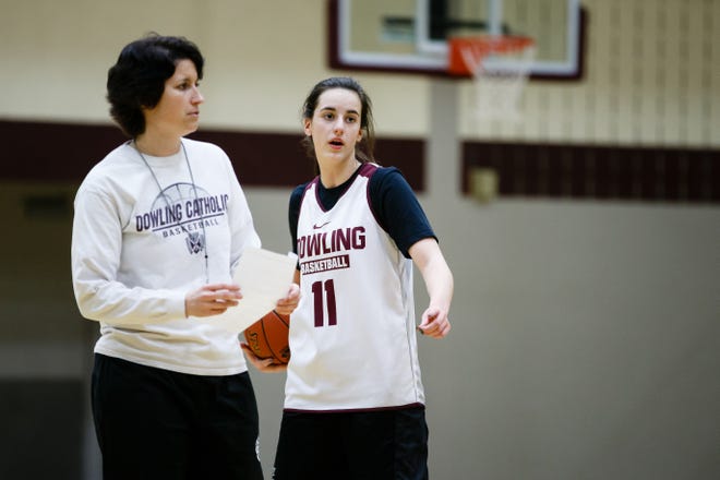 Dowling Catholic's Caitlin Clark runs a drill during practice on Wednesday, Feb. 13, 2019 in Des Moines. Clark is considered one of the best girls' basketball players in recent Iowa history.