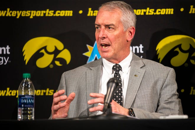 Iowa athletic director Gary Barta speaks during a press conference on Wednesday, Feb. 27, 2019, at Carver-Hawkeye Arena in Iowa City, Iowa.