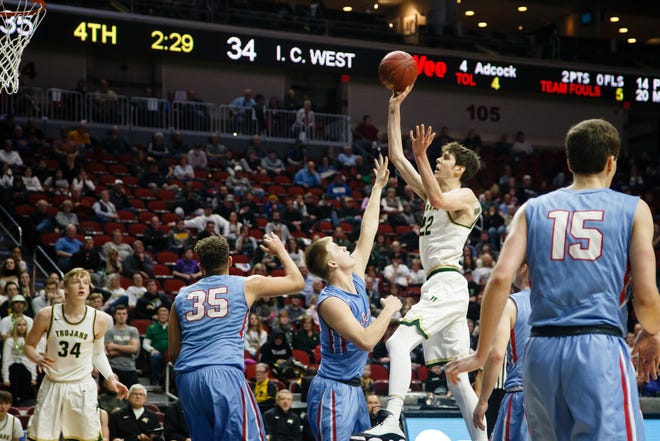Iowa City West's Patrick McCaffery (22) shoots during their boys 4A state basketball tournament game on Wednesday, March 6, 2019 in Des Moines. Dubuque, Senior would go on to defeat Iowa City, West 39-36.