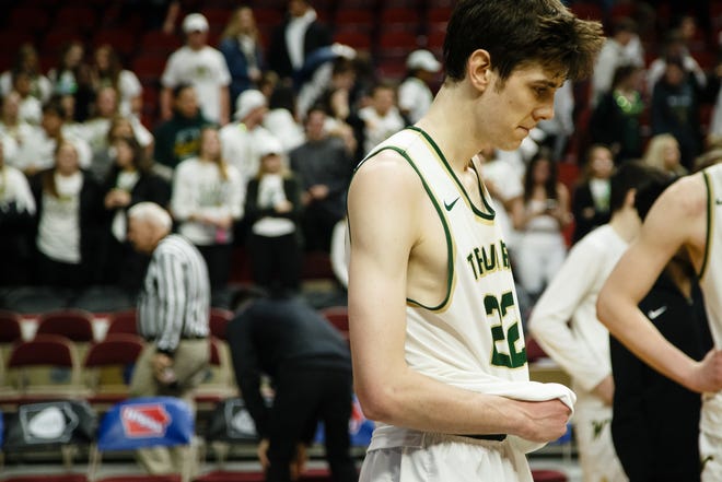 Iowa City West's Patrick McCaffery (22) reacts after loosing to Dubuque Senior 36-39 during their boys 4A state basketball tournament game on Wednesday, March 6, 2019 in Des Moines.