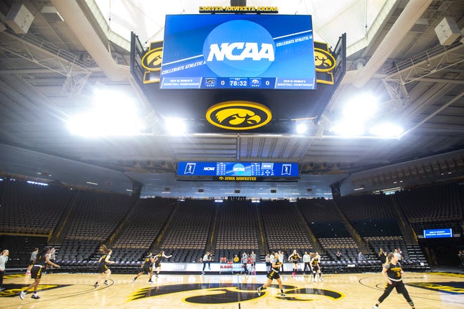Iowa Hawkeyes players warm up during a NCAA women's basketball tournament first-round practice day, Thursday, March 21, 2019, at Carver-Hawkeye Arena in Iowa City, Iowa.
