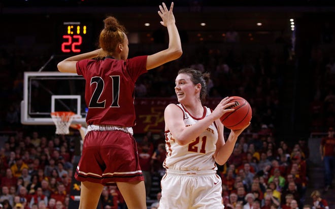 Iowa State senior Bridget Carleton looks for an open teammate against New Mexico State on Saturday, March 23, 2019, at Hilton Coliseum in Ames.