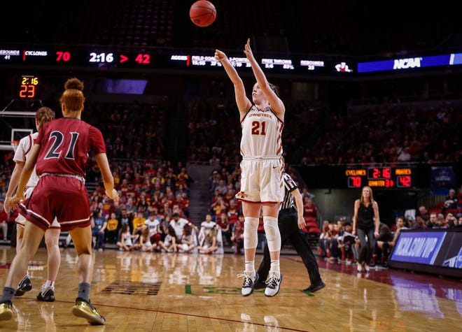 Iowa State senior Bridget Carleton launches a shot from the three point line against New Mexico State on Saturday, March 23, 2019, at Hilton Coliseum in Ames.