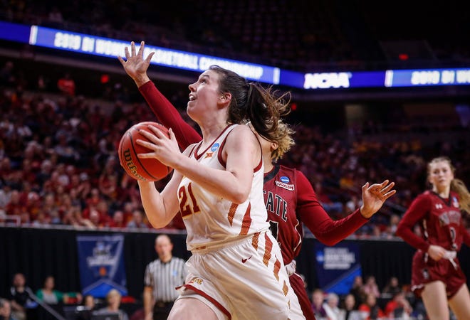 Iowa State senior Bridget Carleton drives into the lane against New Mexico State on Saturday, March 23, 2019, at Hilton Coliseum in Ames.