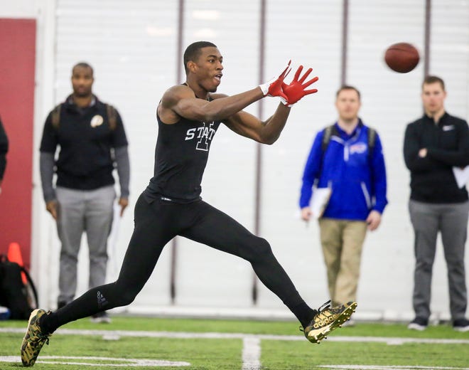 Iowa State receiver Hakeem Butler runs drills for NFL scouts during Iowa State's Pro Day at Bergstrom Football Complex in Ames Tuesday, March 26, 2019.