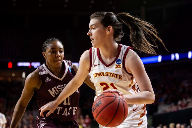 Iowa State's Bridget Carleton drives to the hoop during the NCAA Tournament second-round match-up between Iowa State and Missouri State on Monday, March 25, 2019, in Hilton Coliseum, in Ames, Iowa.