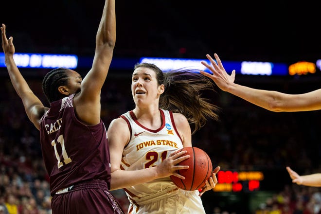 Iowa State's Bridget Carleton drives to the hoop during the NCAA Tournament second-round match-up between Iowa State and Missouri State on Monday, March 25, 2019, in Hilton Coliseum, in Ames, Iowa.