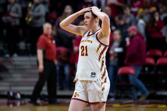 Iowa State's Bridget Carleton tears up after her team lost the NCAA Tournament second-round match-up between Iowa State and Missouri State on Monday, March 25, 2019, in Hilton Coliseum, in Ames, Iowa.