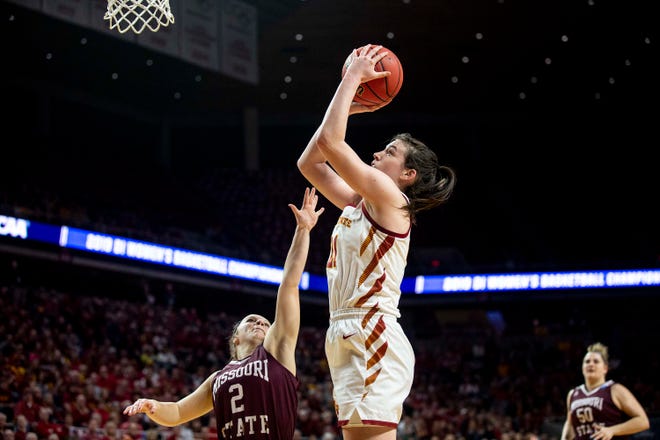 Iowa State's Bridget Carleton shoots the ball during the NCAA Tournament second-round match-up between Iowa State and Missouri State on Monday, March 25, 2019, in Hilton Coliseum, in Ames, Iowa.