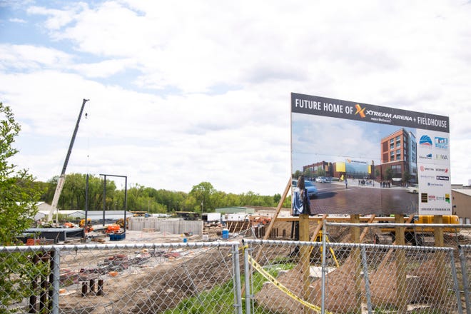 Construction continues at the Xtream Arena, Monday, May 13, 2019, on the corner of E 9th Street and E 2nd Avenue in Coralville, Iowa.