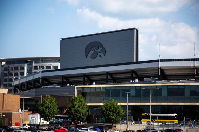A Tigerhawk logo is pictured on the back of the north end zone scoreboard, Wednesday, July 24, 2019, at Kinnick Stadium in Iowa City, Iowa.