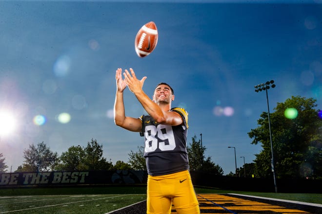 Nico	Ragaini stands for a photo during Hawkeye football media day Friday, Aug. 9, 2019.